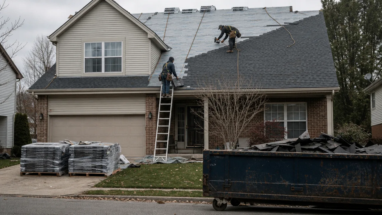 Roofers laying new shingles with material pallets and a dumpster in the driveway