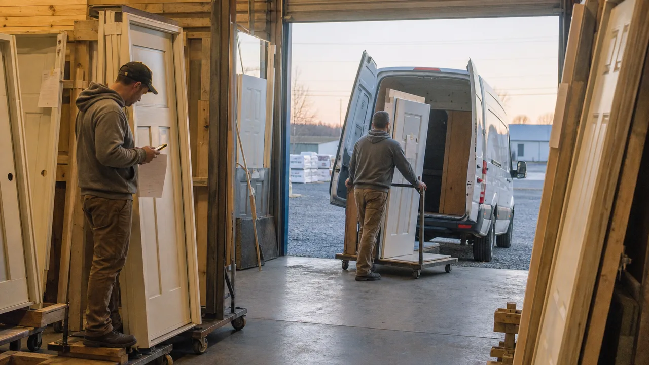 Installers loading tagged doors into a van at dawn